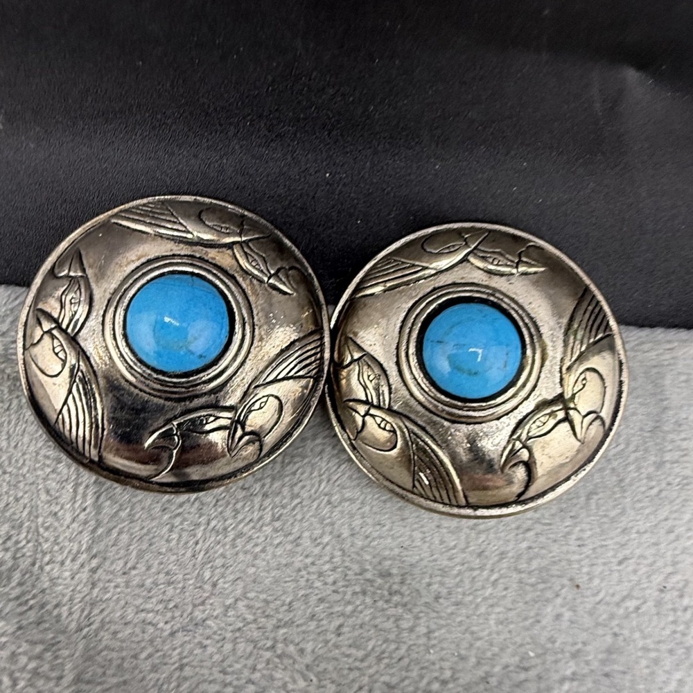 Vintage Laurel Burch Clip On Earrings Silver Blue Western Huggie 1.25"
